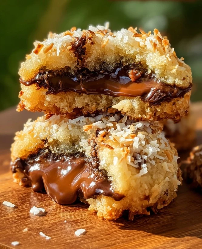 Homemade Stuffed Samoa cookies with caramel, chocolate, and coconut layers
