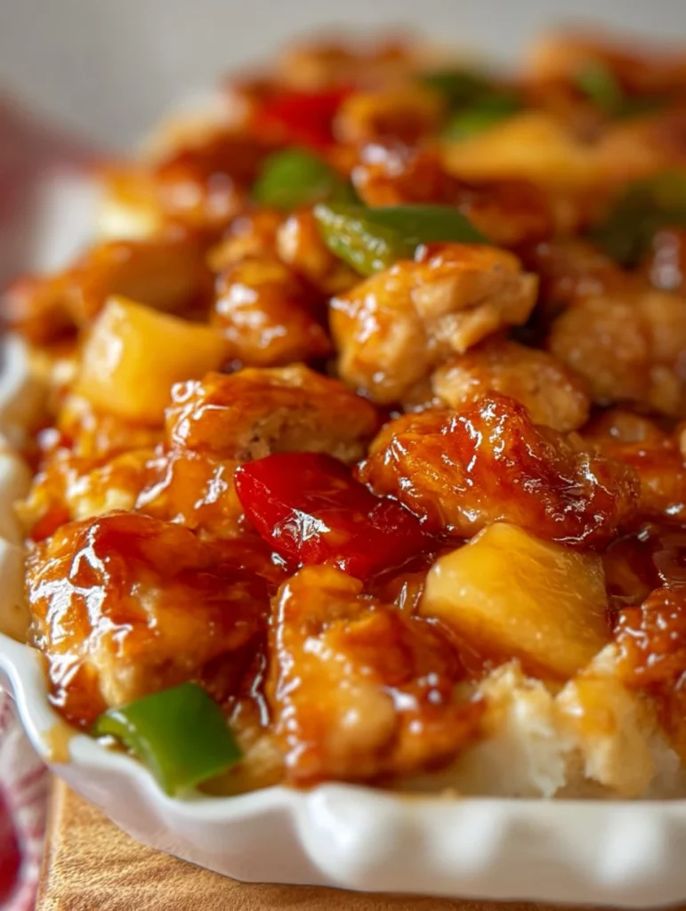 Plate of homemade Sweet and Sour Chicken garnished with vegetables