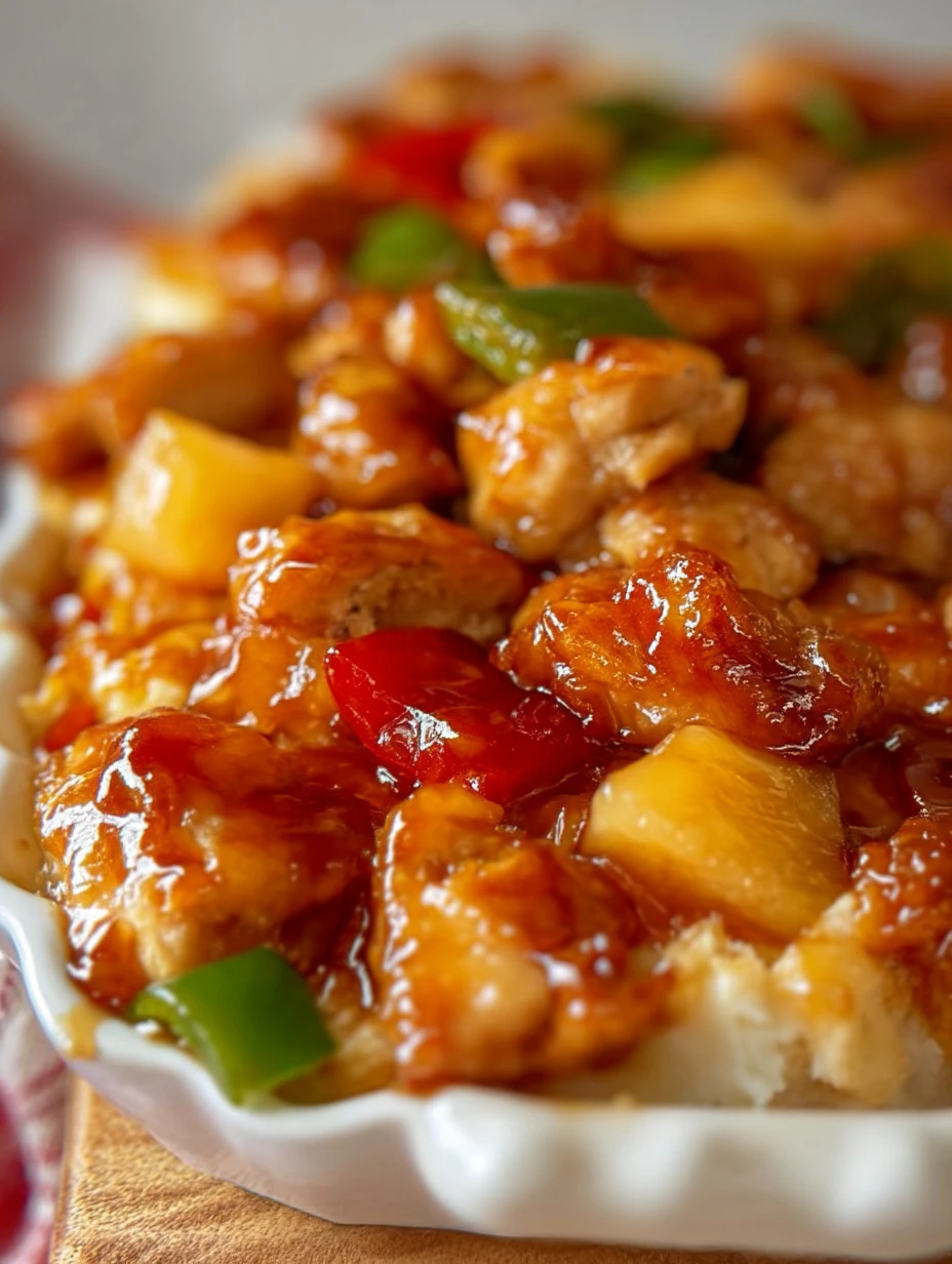Plate of homemade Sweet and Sour Chicken garnished with vegetables