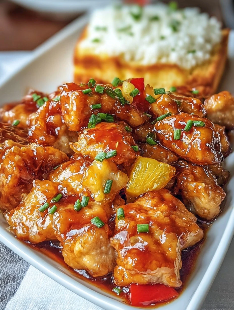 Delicious plate of Sweet and Sour Chicken garnished with vegetables