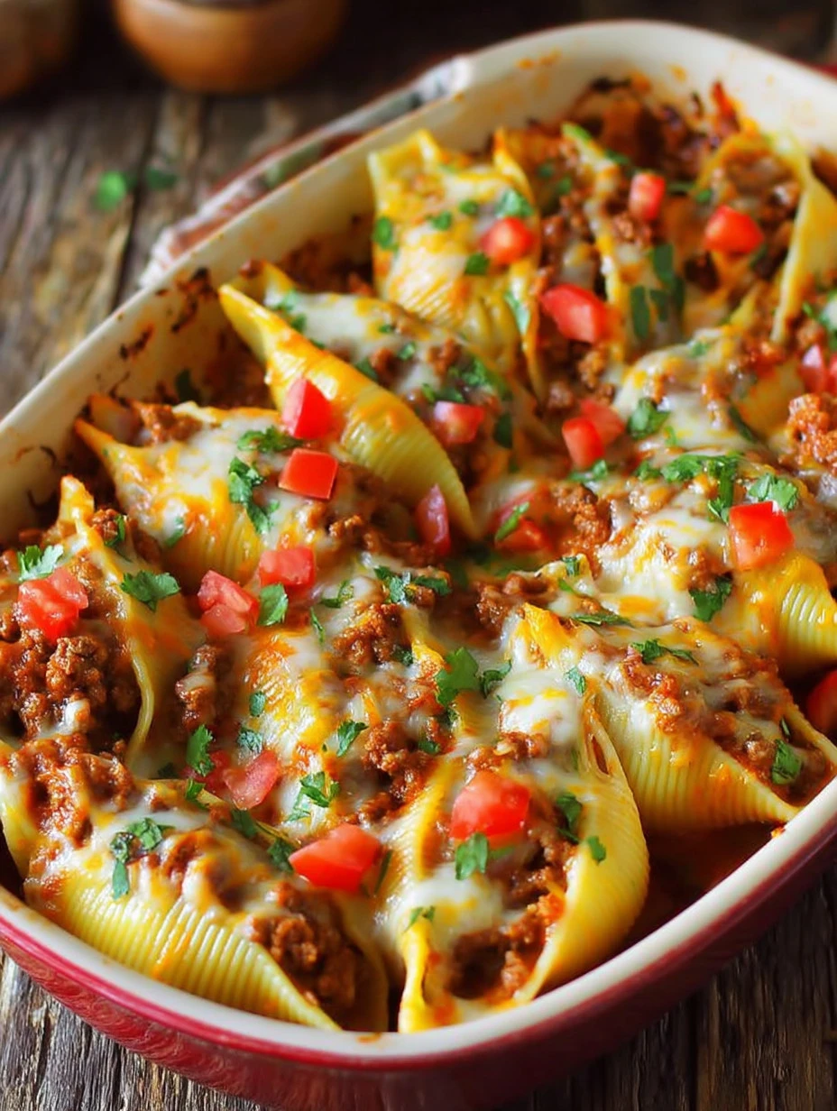 Delicious taco stuffed shells topped with cheese and fresh ingredients