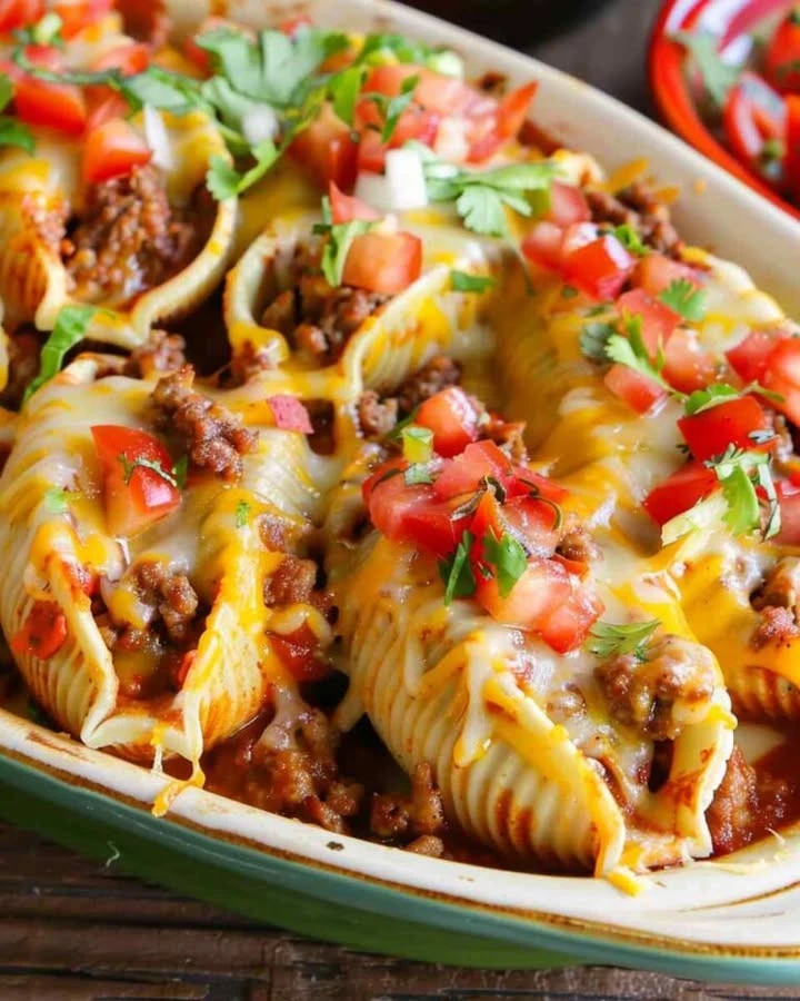 Delicious Taco Stuffed Shells arranged on a plate topped with cheese and herbs