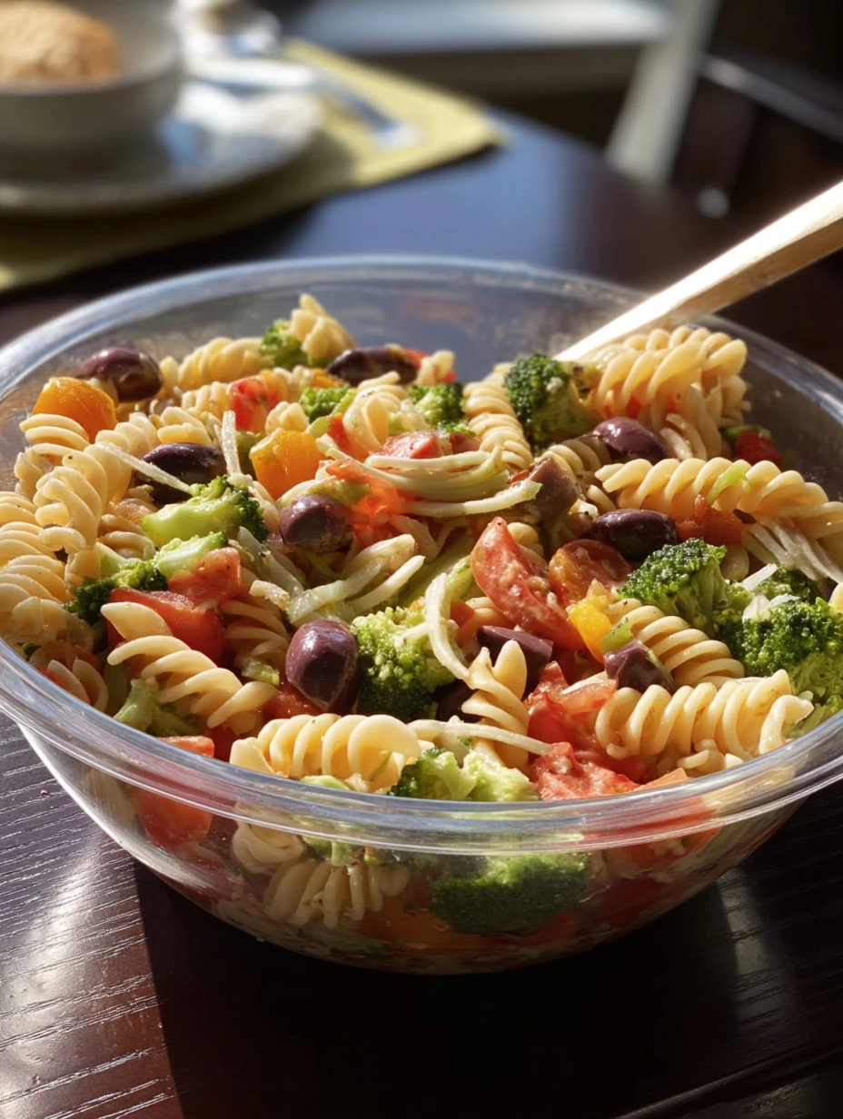 Delicious homemade pasta salad with colorful vegetables and dressing