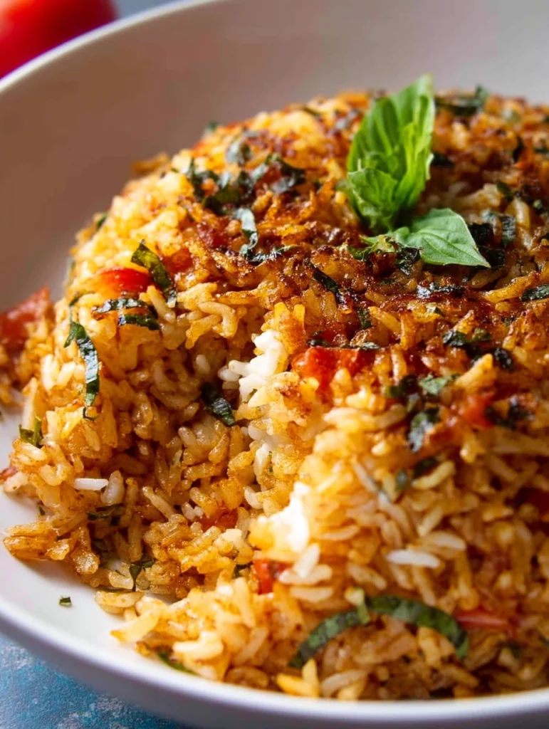 A bowl of flavorful Tomato Basil Rice garnished with fresh basil leaves.