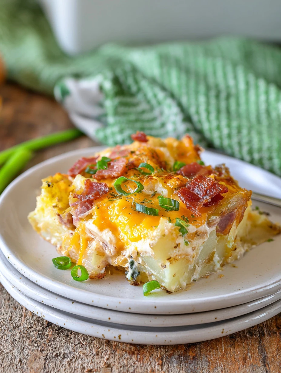 Delicious Twice Baked Potato Casserole topped with cheese and chives