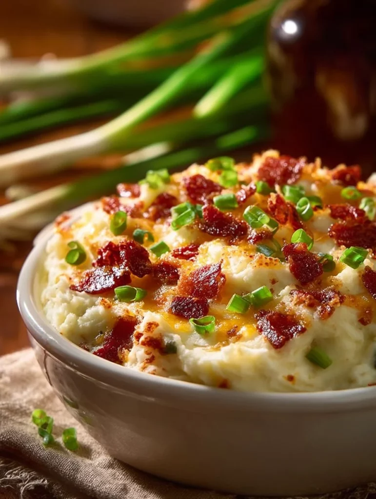 Delicious twice baked potato casserole topped with cheese and chives