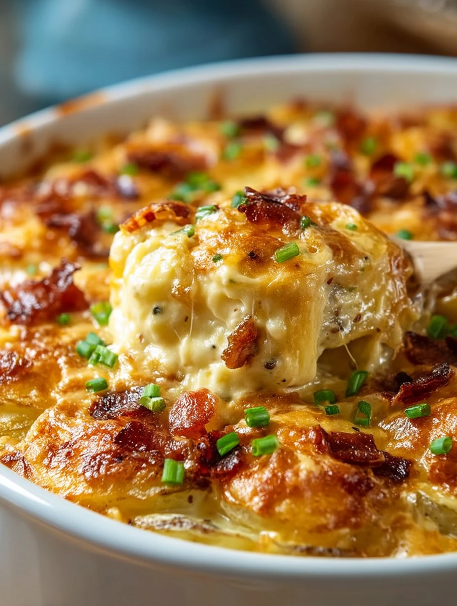 Delicious Twice Baked Potato Casserole topped with cheese and chives