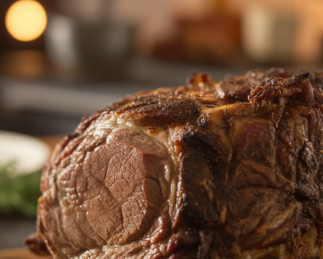 Delicious, juicy prime rib roast with garlic herb crust, perfect for any occasion.