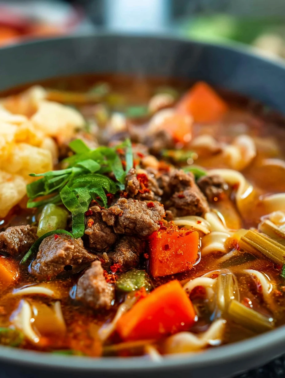 Bowl of homemade vegetable beef noodle soup filled with vegetables and beef.
