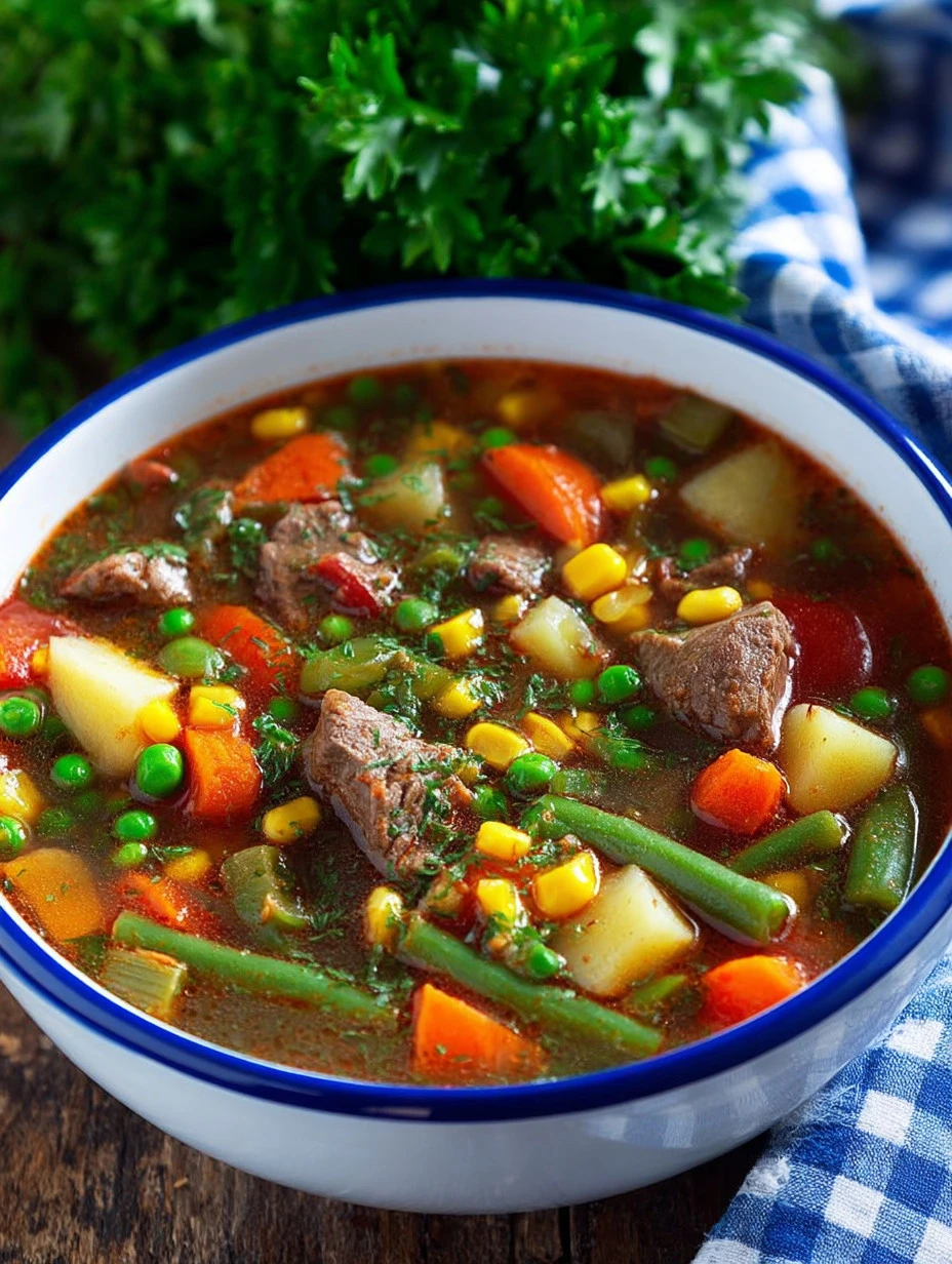 Bowl of hearty Vegetable Beef Soup filled with fresh vegetables and tender beef.
