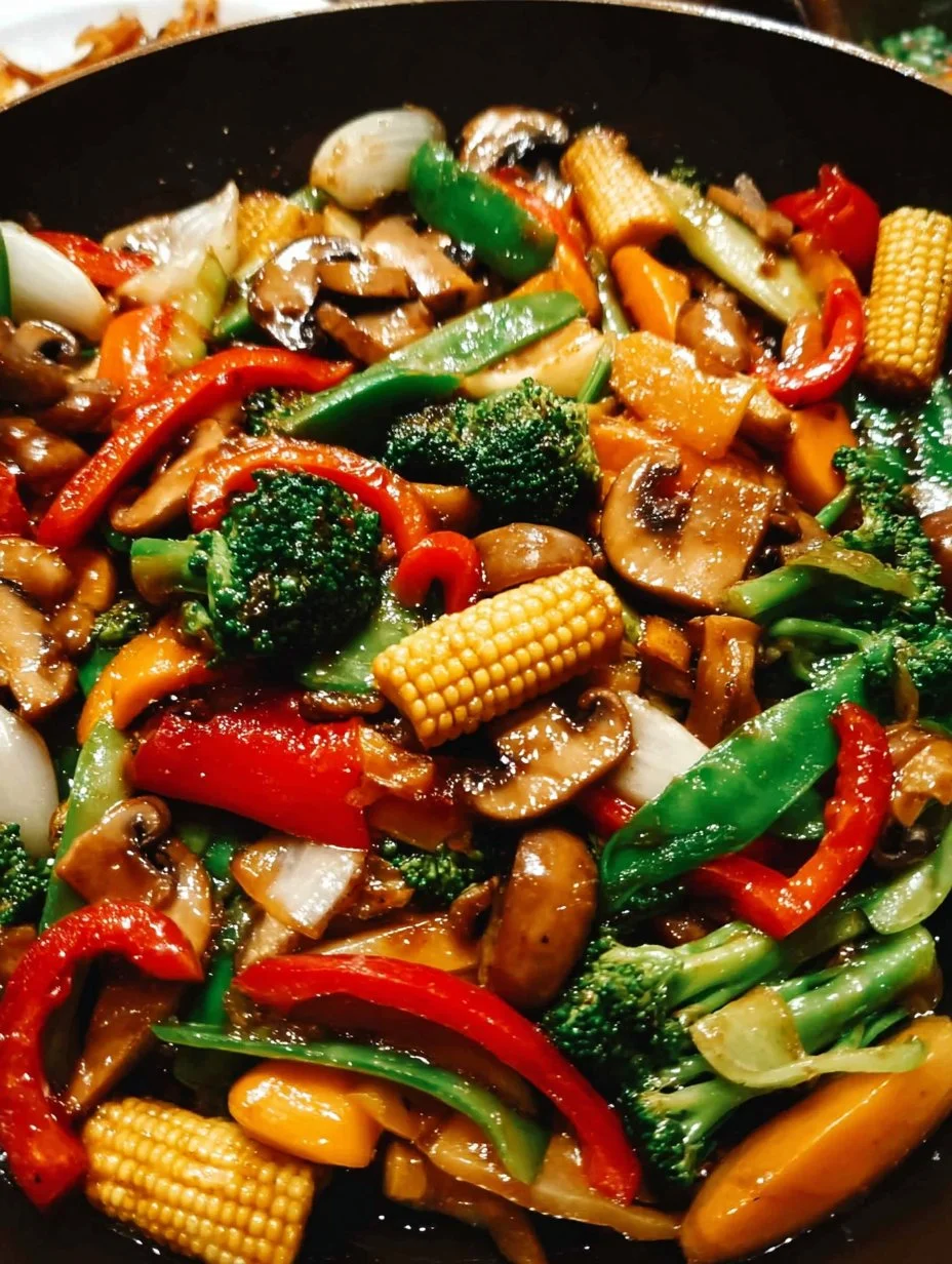 Colorful vegetable stir fry with fresh ingredients in a pan
