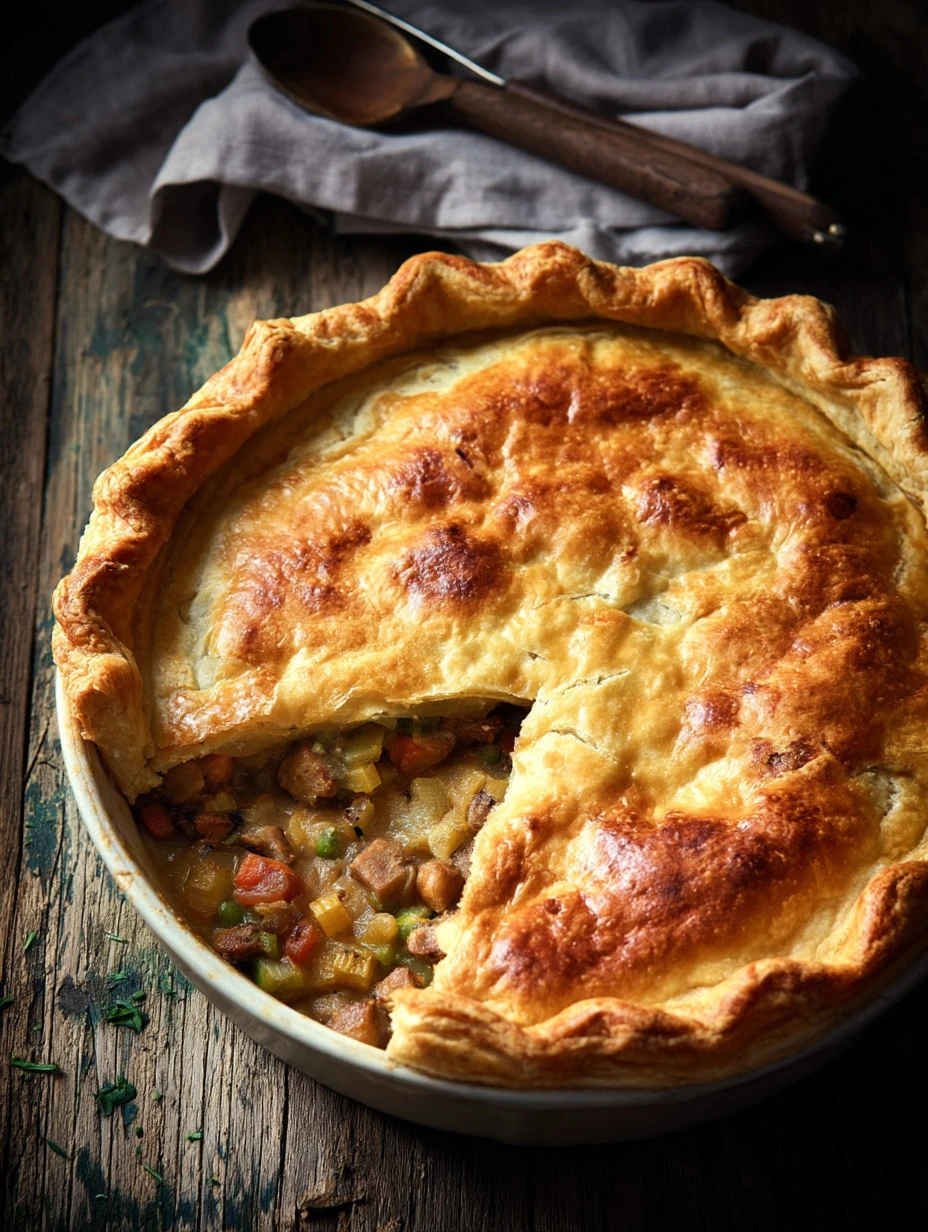 Vegetarian Sausage Pie made with puff pastry, fresh vegetables, and spices.