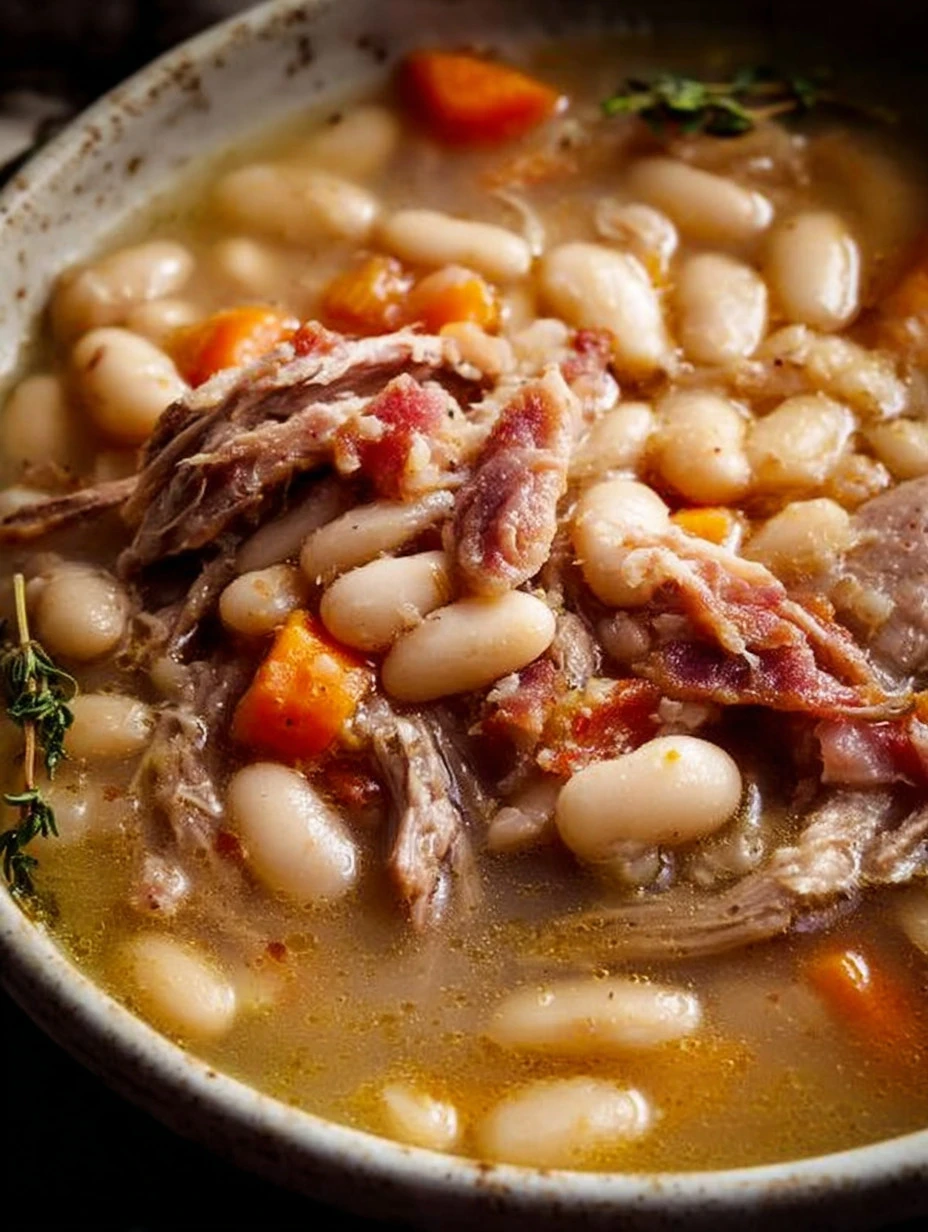 Bowl of white bean and ham hock soup garnished with herbs