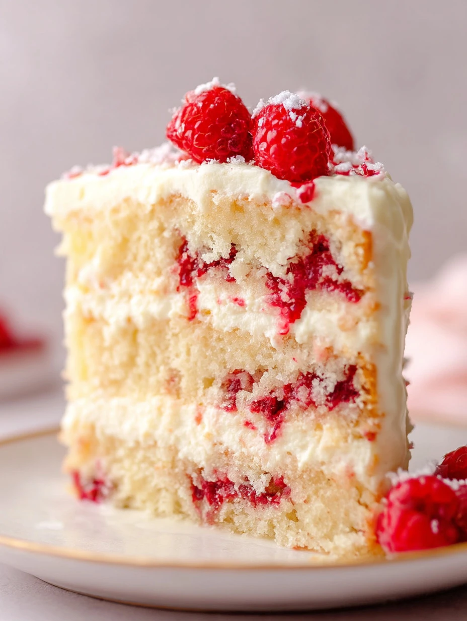 Delicious White Chocolate Raspberry Cake topped with fresh raspberries and white chocolate drizzle.