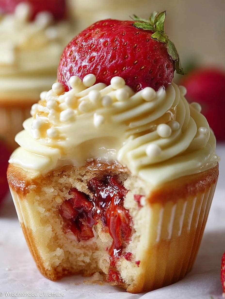 White chocolate strawberry cupcakes topped with fresh strawberries and creamy frosting.