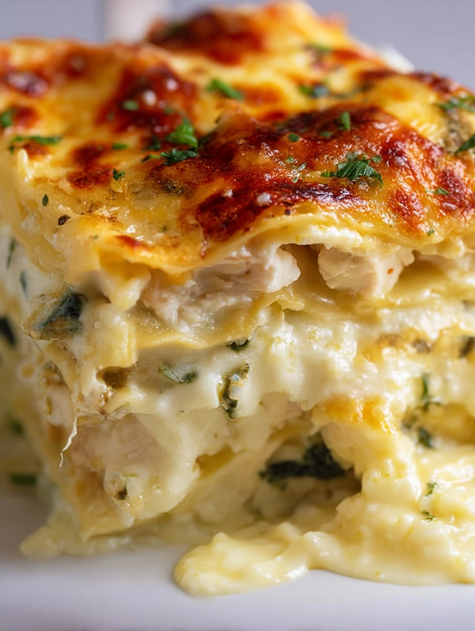 Delicious white creamy chicken lasagna with layers of pasta and cheese