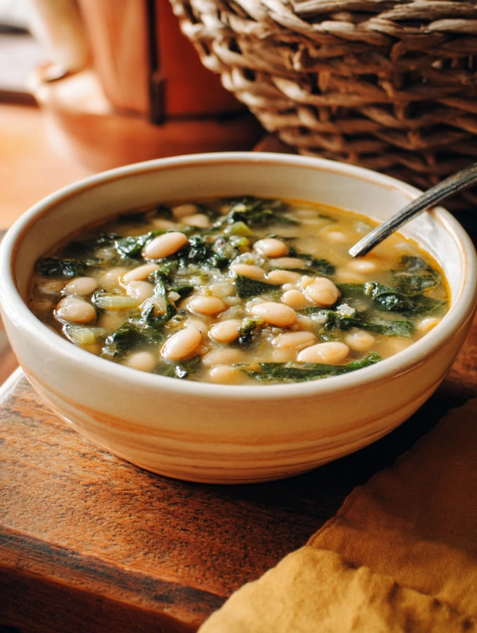 Bowl of Winter White Bean and Italian Sausage Soup garnished with herbs