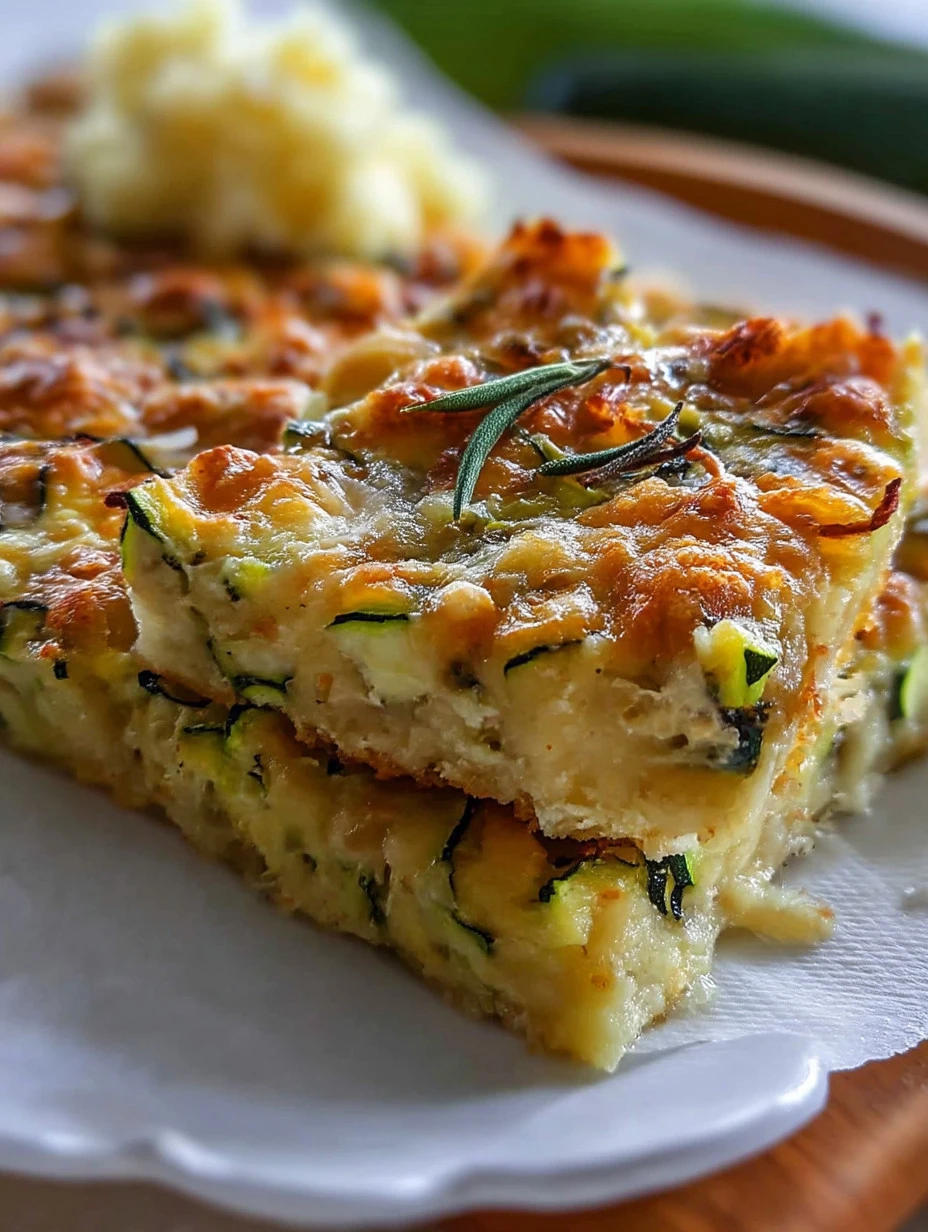 Delicious zucchini bake fresh out of the oven, topped with cheese and herbs.