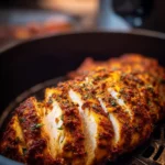 Cooked air fryer chicken breast served with vegetables on a plate