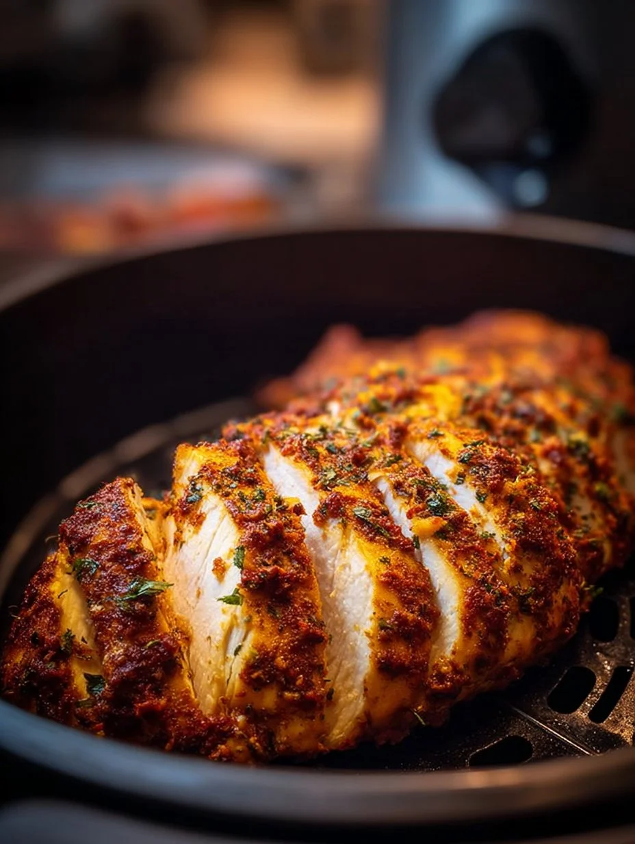 Cooked air fryer chicken breast served with vegetables on a plate