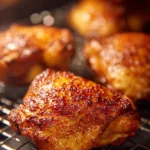 Crispy air fryer chicken thighs served on a plate with herbs and spices.