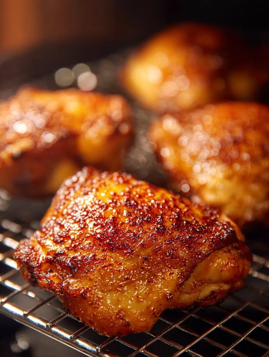 Crispy air fryer chicken thighs served on a plate with herbs and spices.