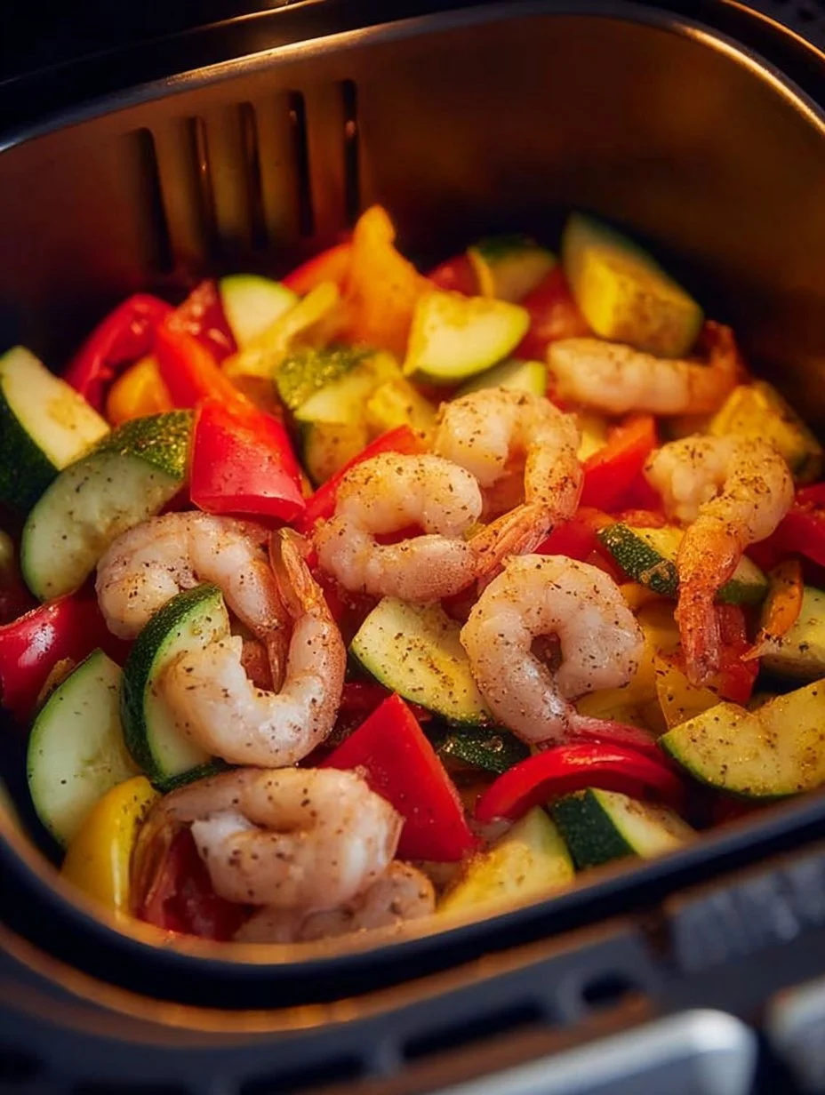Delicious air fryer shrimp served with colorful rainbow veggies