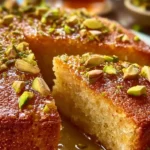 Sliced almond and pistachio cake served on a plate with nuts decoration
