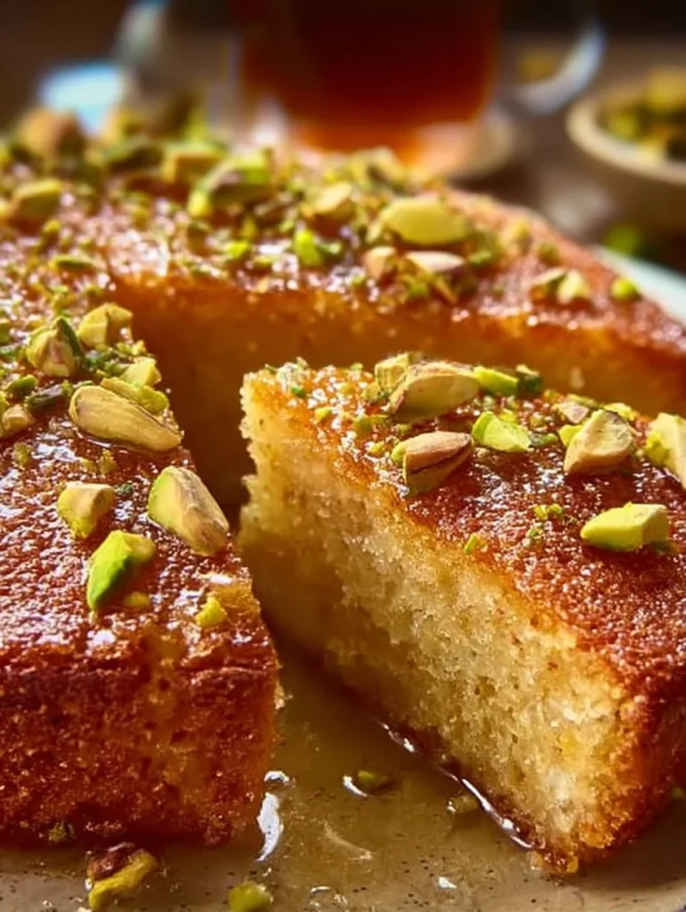Sliced almond and pistachio cake served on a plate with nuts decoration