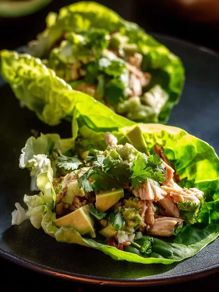 Avocado Chicken Salad Lettuce Wraps served on a plate, garnished with herbs.