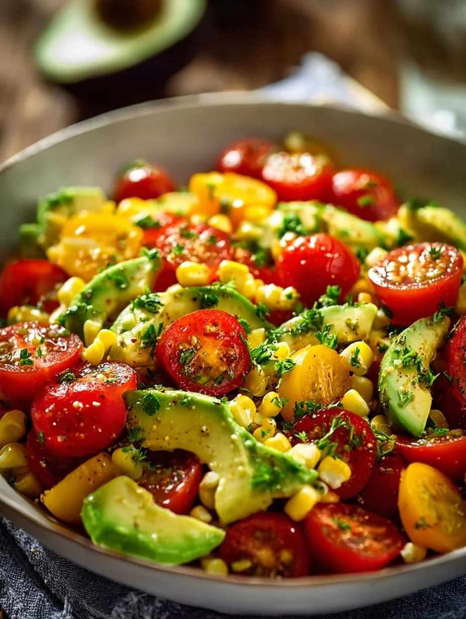 Colorful Avocado Corn Tomato Salad with fresh ingredients in a bowl