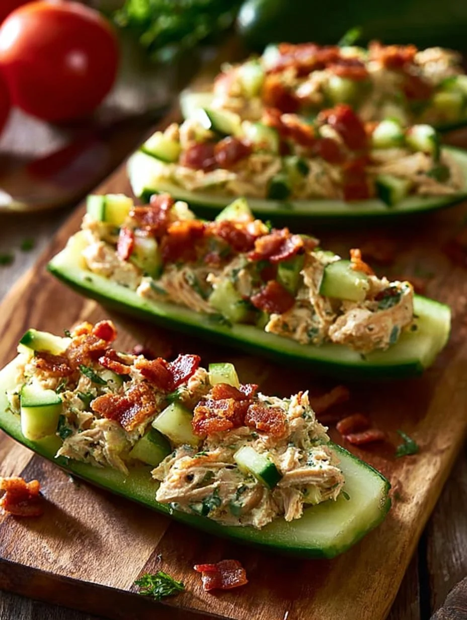 Bacon Ranch Chicken Salad served in cucumber boats for a healthy meal