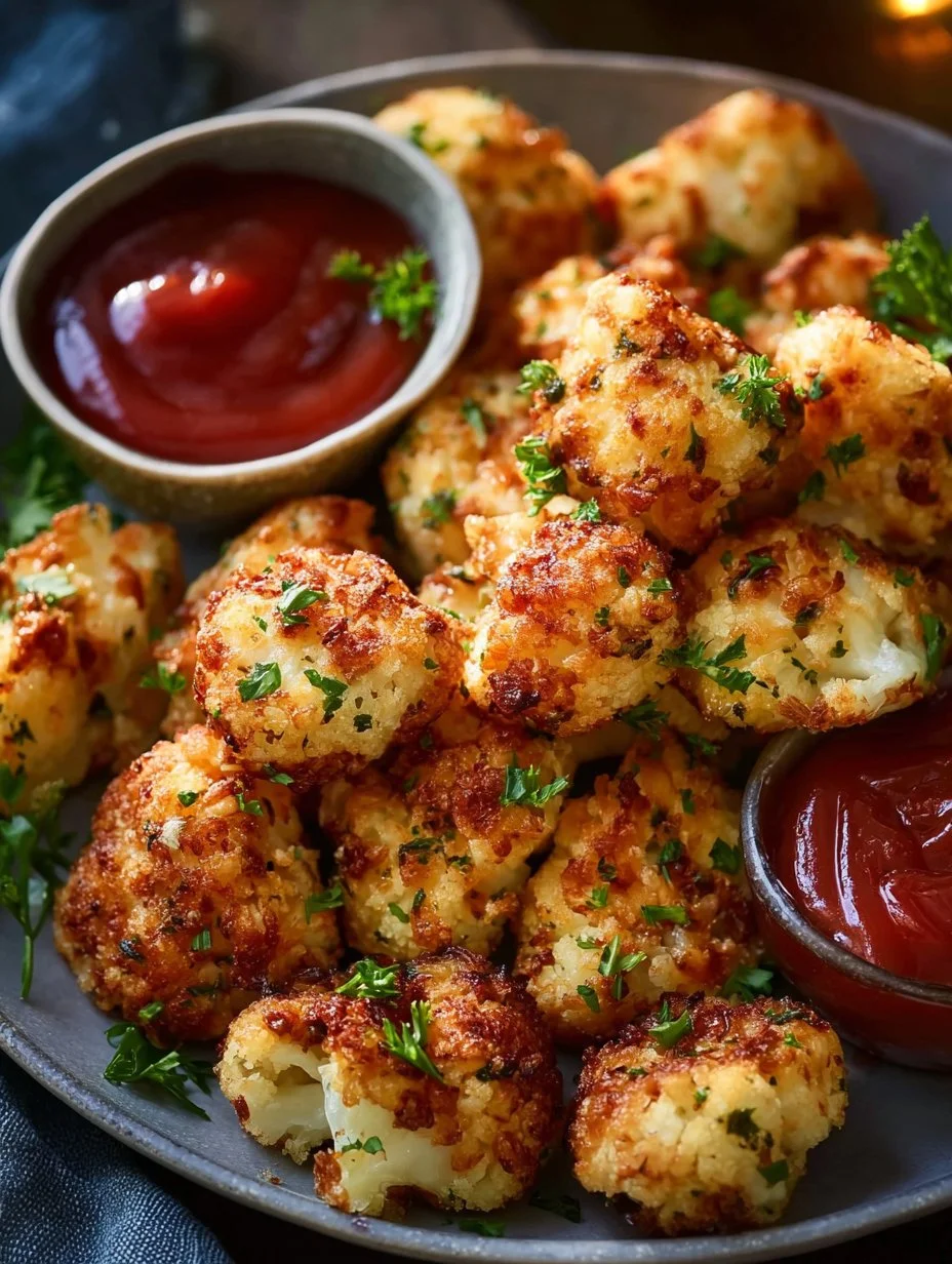 Baked cauliflower muffins served as mini muffin tots on a plate