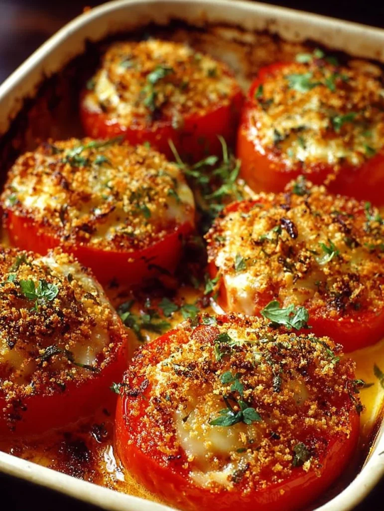 Baked Parmesan tomatoes topped with crispy cheese and herbs