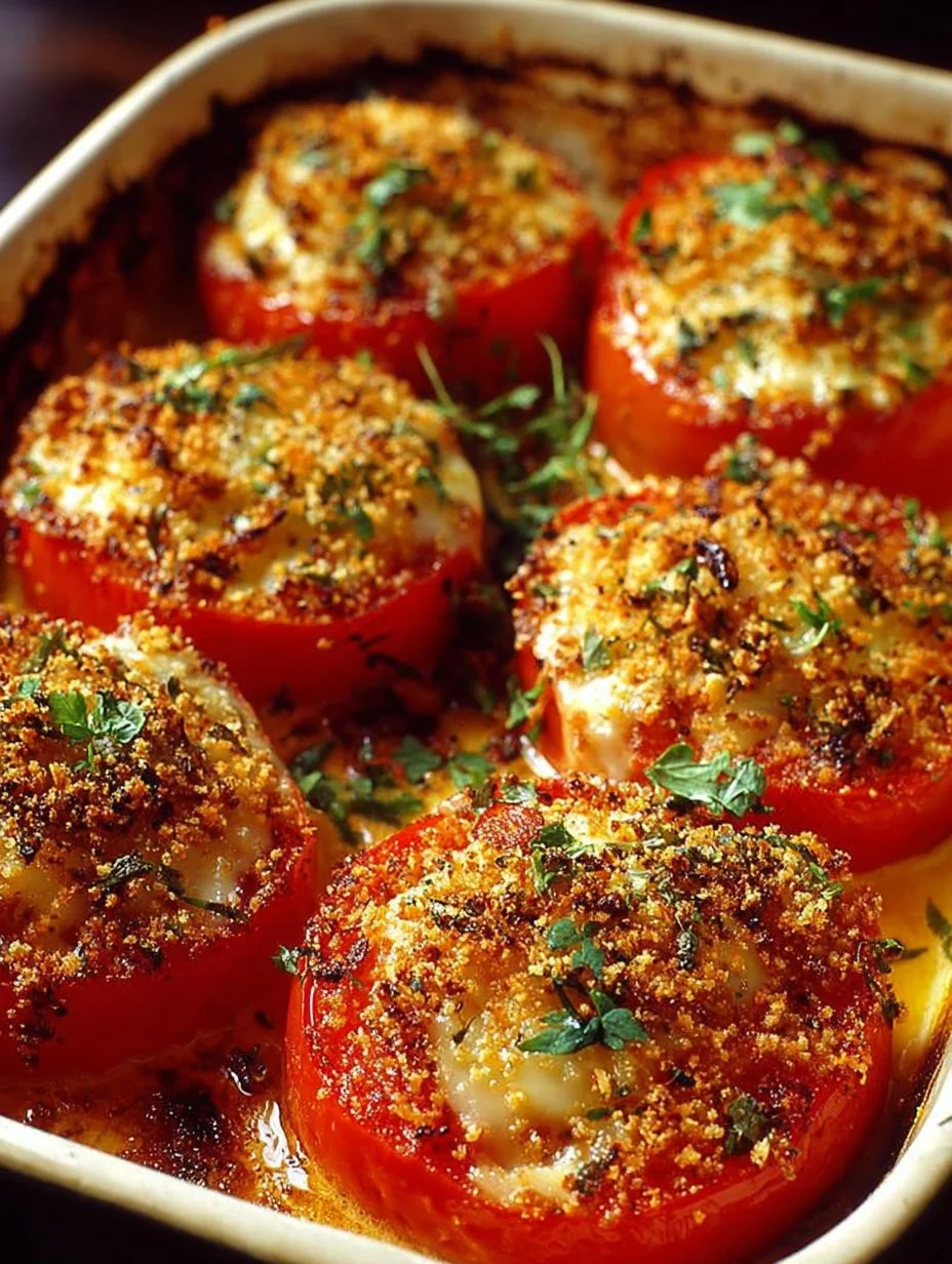 Baked Parmesan tomatoes topped with crispy cheese and herbs