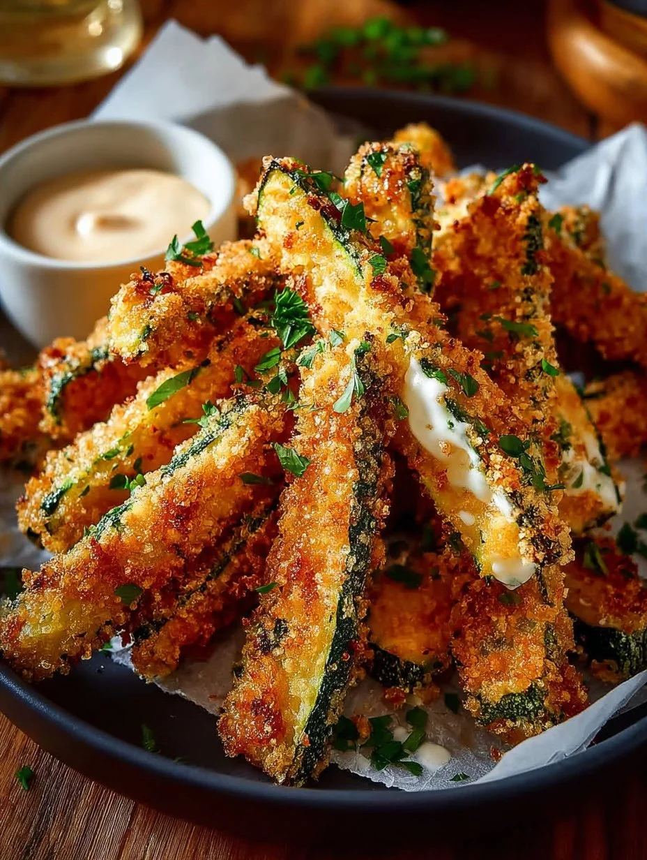 Crispy baked zucchini fries served with dipping sauce on a plate.