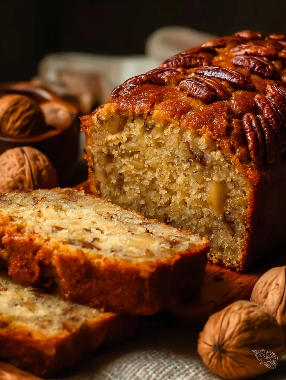 Slice of banana walnut cake topped with walnuts and apples on a white plate.