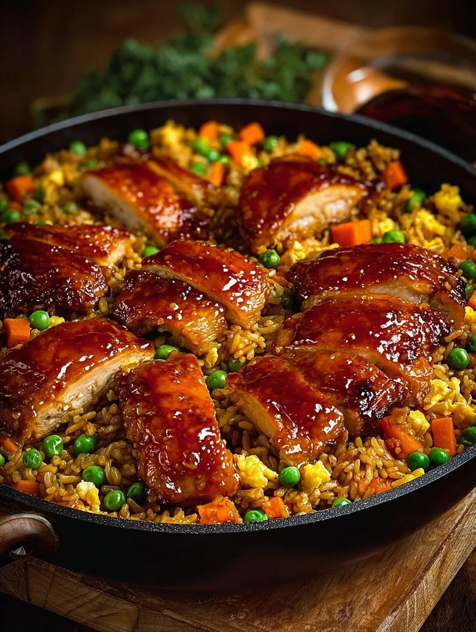 Plate of Bang Bang Chicken Fried Rice garnished with vegetables and spices