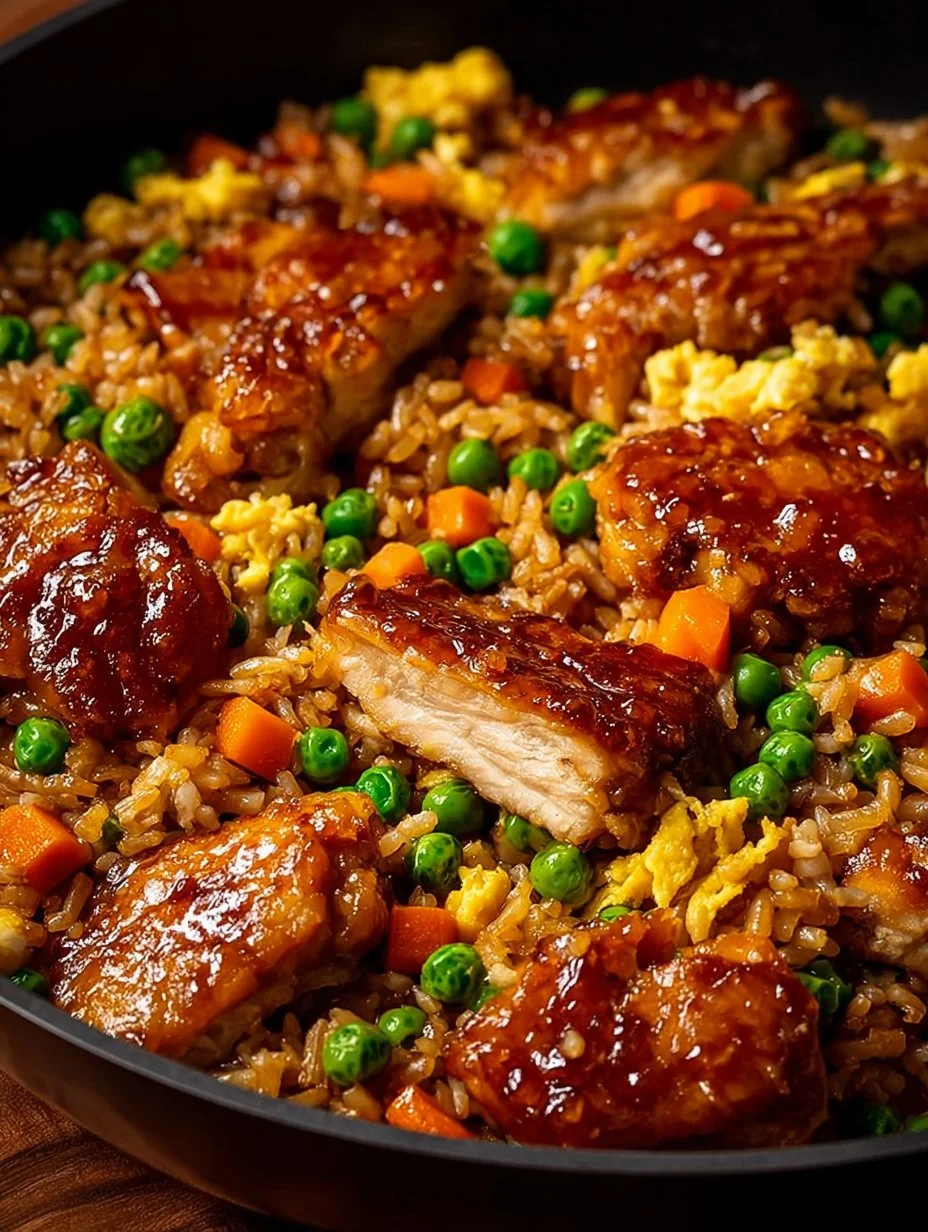 A delicious plate of Bang Bang Chicken Fried Rice featuring colorful vegetables.