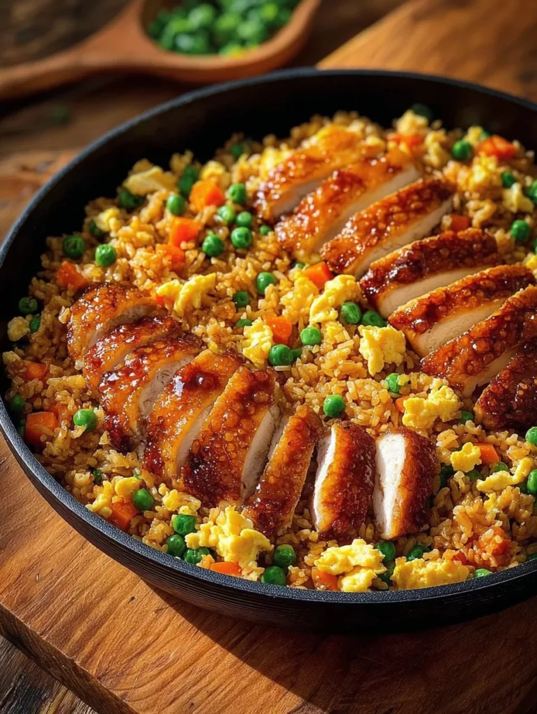 Plate of Bang Bang Chicken Fried Rice with vegetables and spices