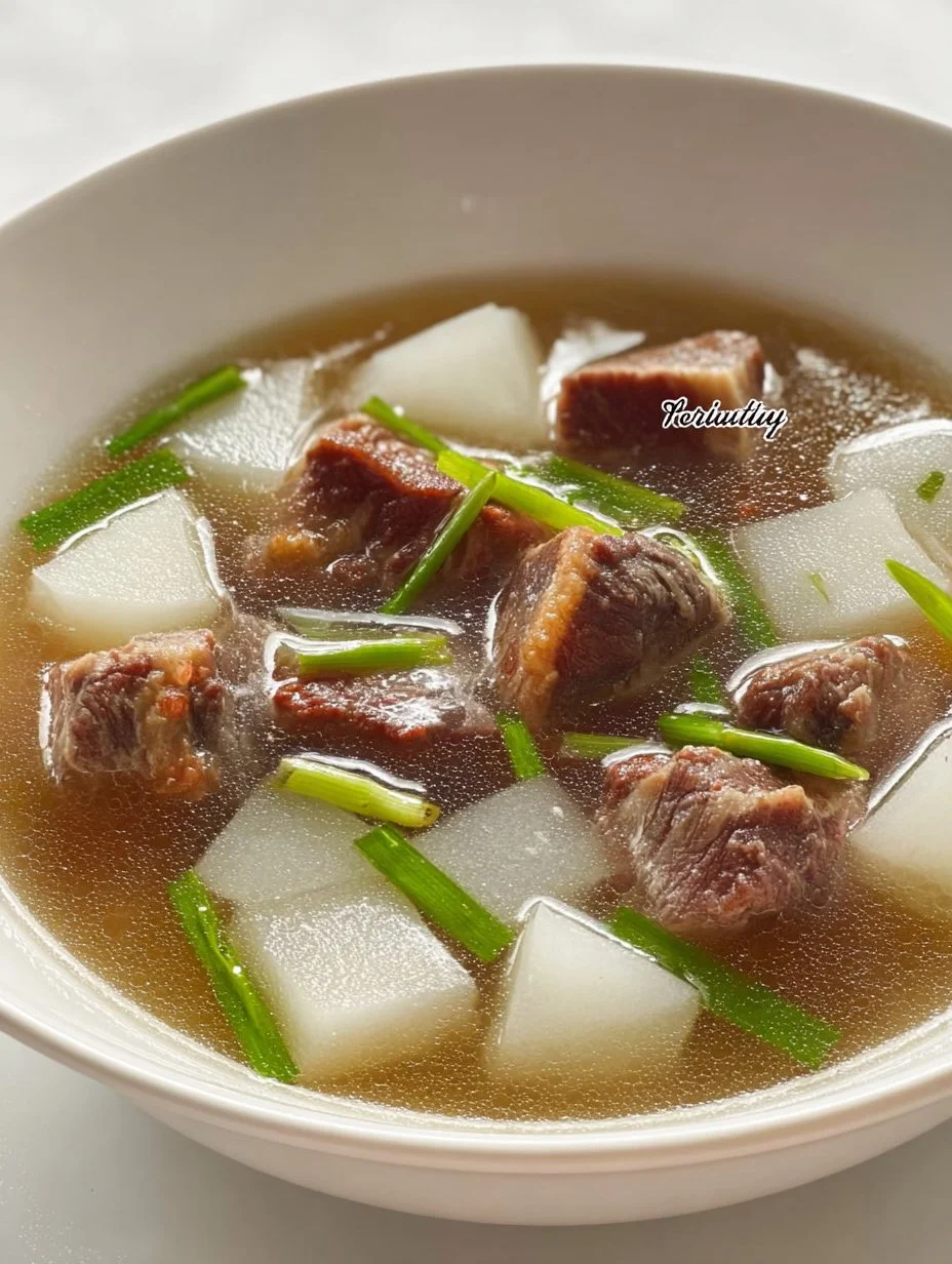 Bowl of beef and radish soup with fresh ingredients and herbs