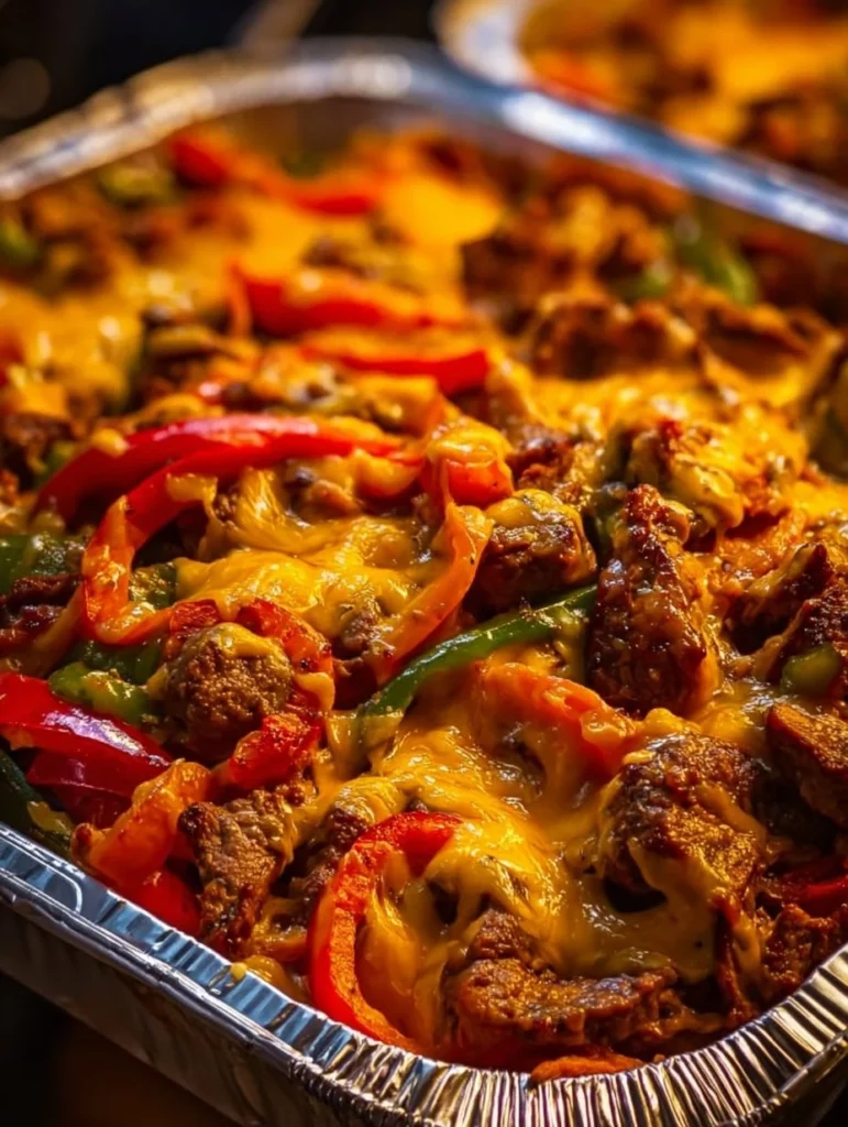 Delicious Beef Fajita Bake topped with cheese and peppers