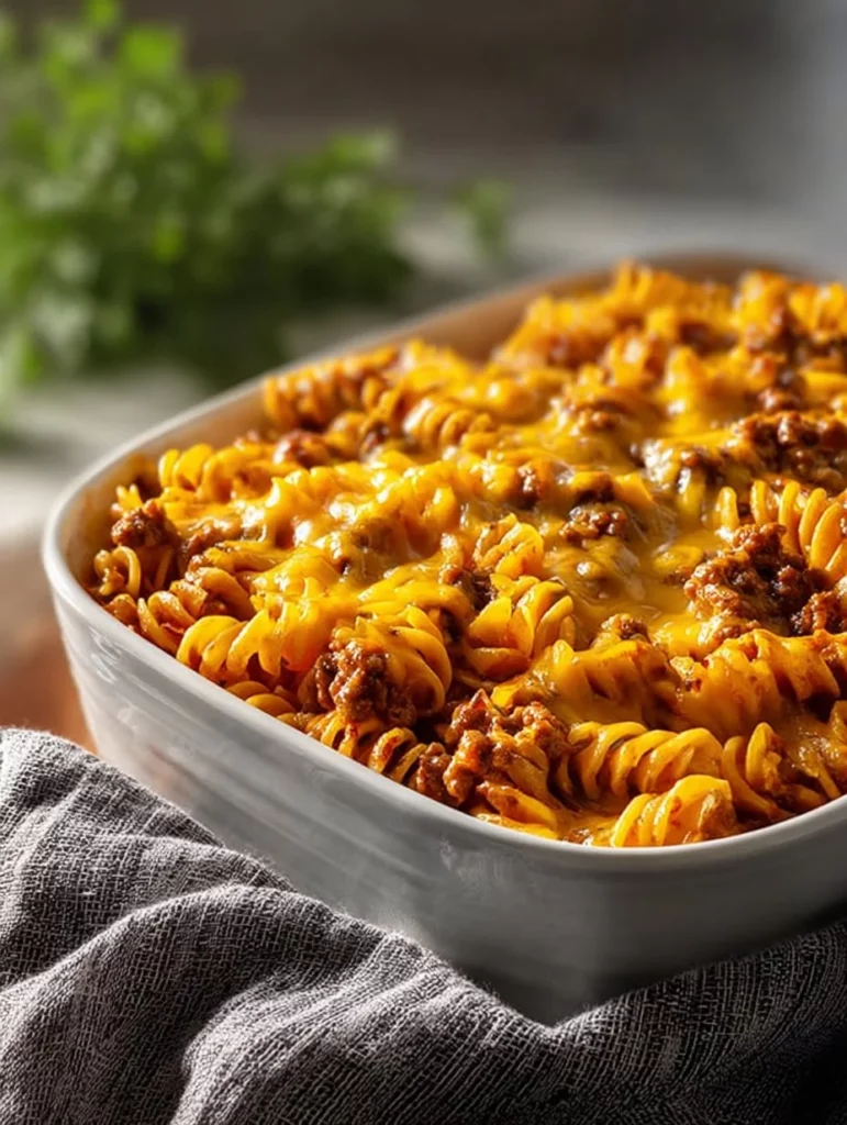 Delicious beef noodle casserole topped with cheese and herbs in a baking dish.