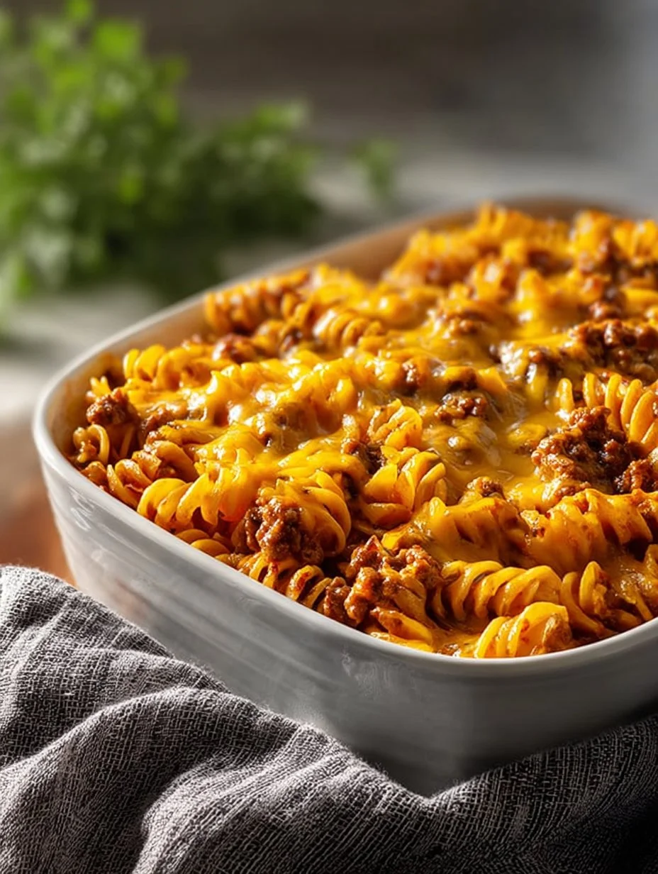 Delicious beef noodle casserole topped with cheese and herbs in a baking dish.