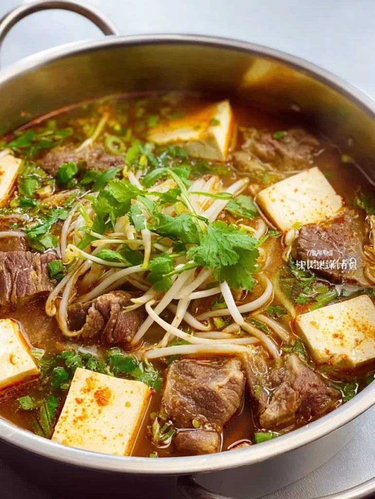 Delicious beef tofu soup with bean sprouts served in a bowl
