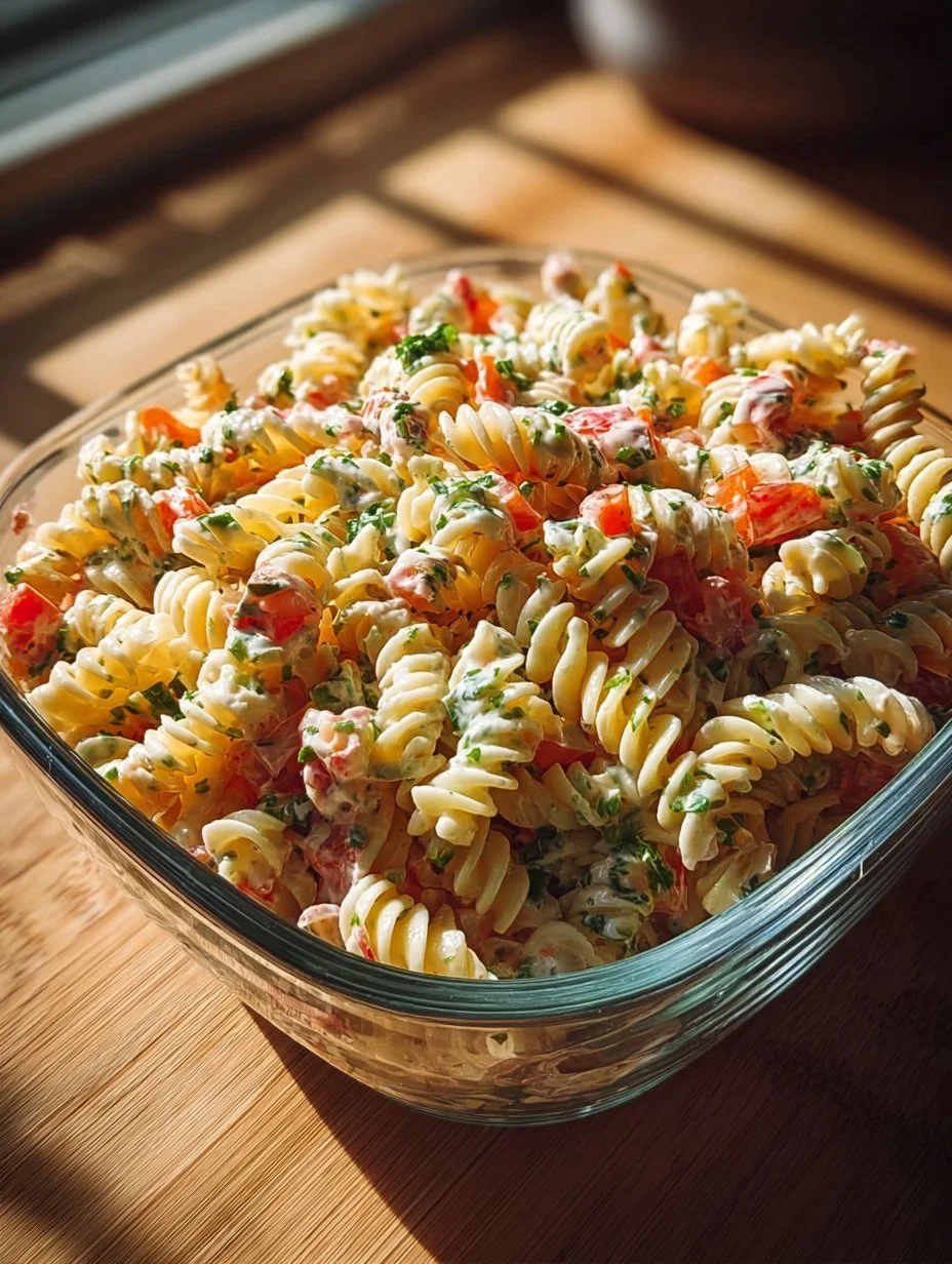 Delicious bowl of macaroni salad with colorful vegetables and creamy dressing