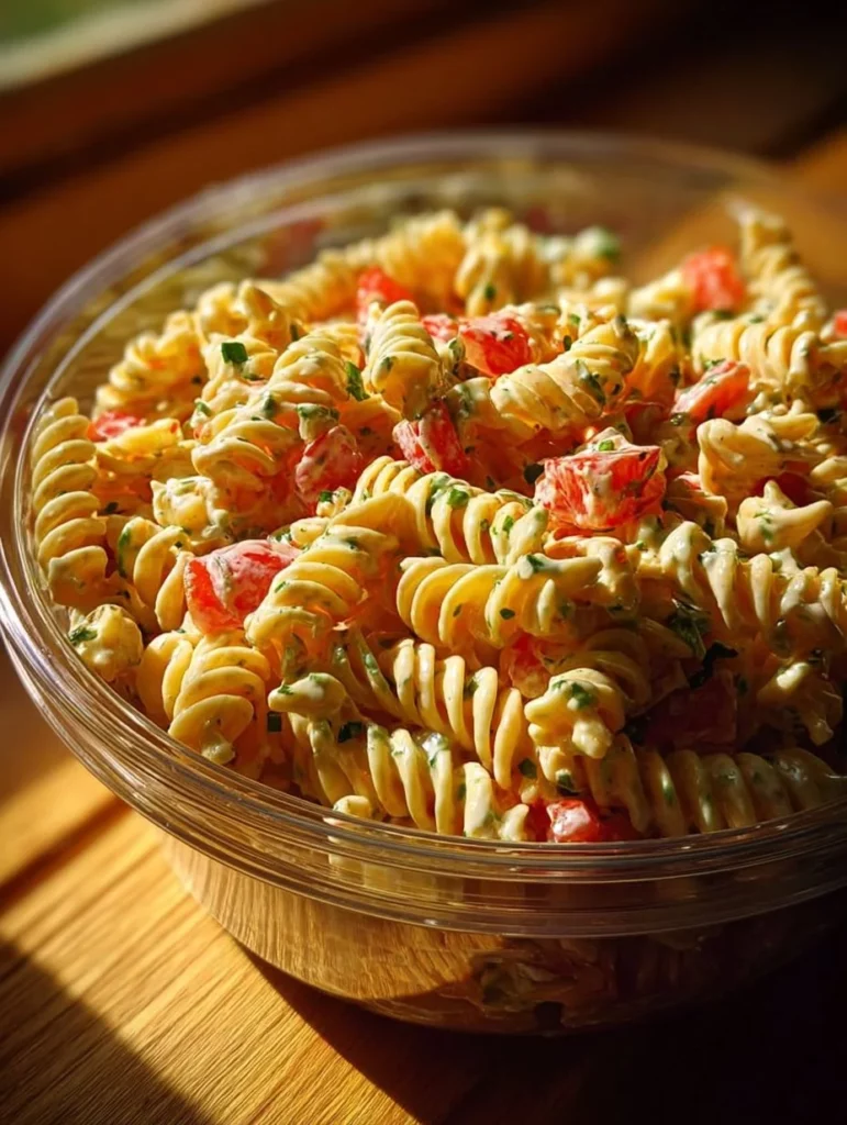 Delicious bowl of best macaroni salad with colorful vegetables and creamy dressing.