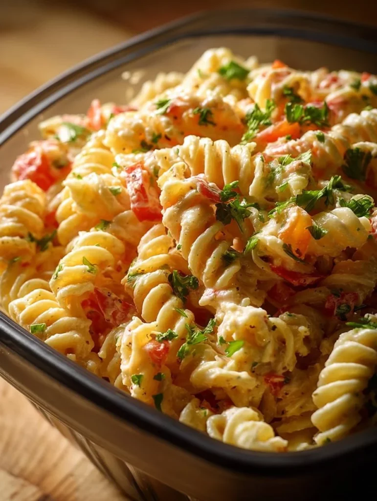 Delicious bowl of the best macaroni salad with vegetables and dressing