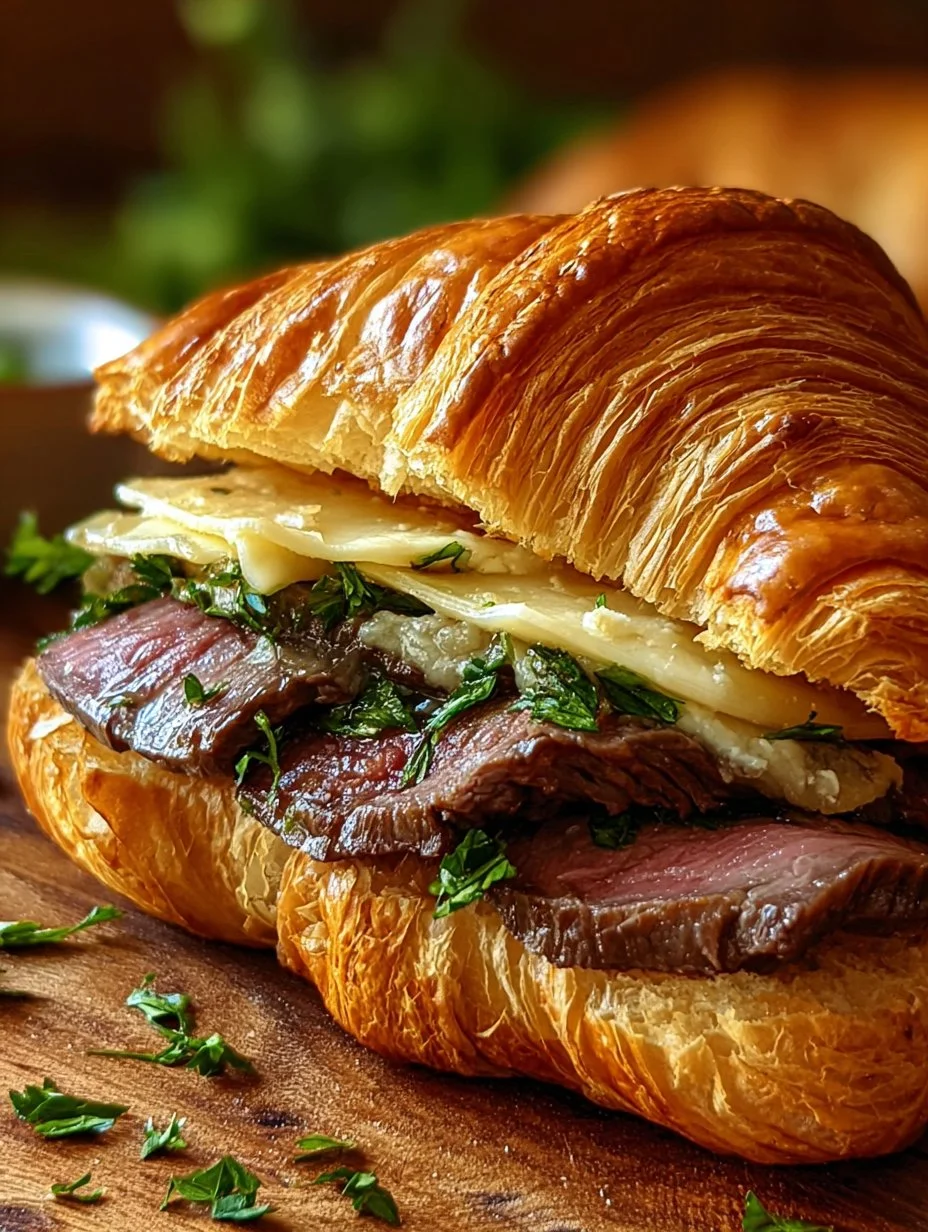 Black Garlic Butter Steak & Brie Croissant Melt served on a plate