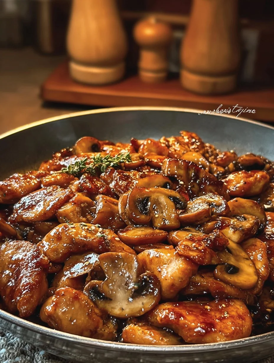 Black Pepper Chicken with Mushrooms served on a plate garnished with herbs.